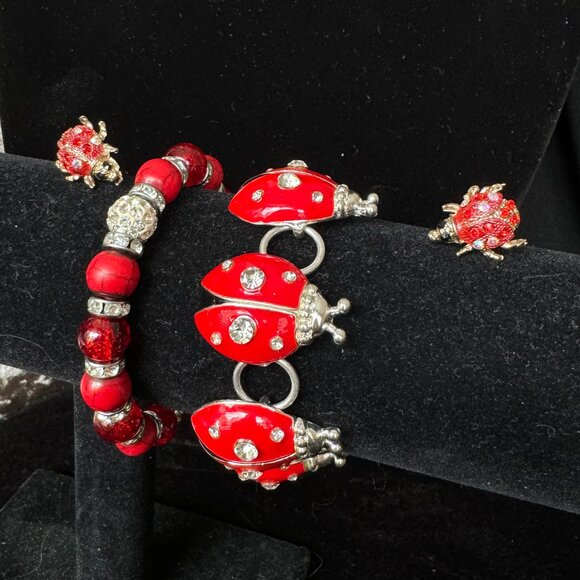 Ladybug Bracelets and Earrings Ladybird Toggle + Stretch Type and Studs EUC - Picture 1 of 7